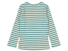 Langærmet bluse fra Petit Piao med turkis og råhvide striber PP303 turquoise dark off white bagfra